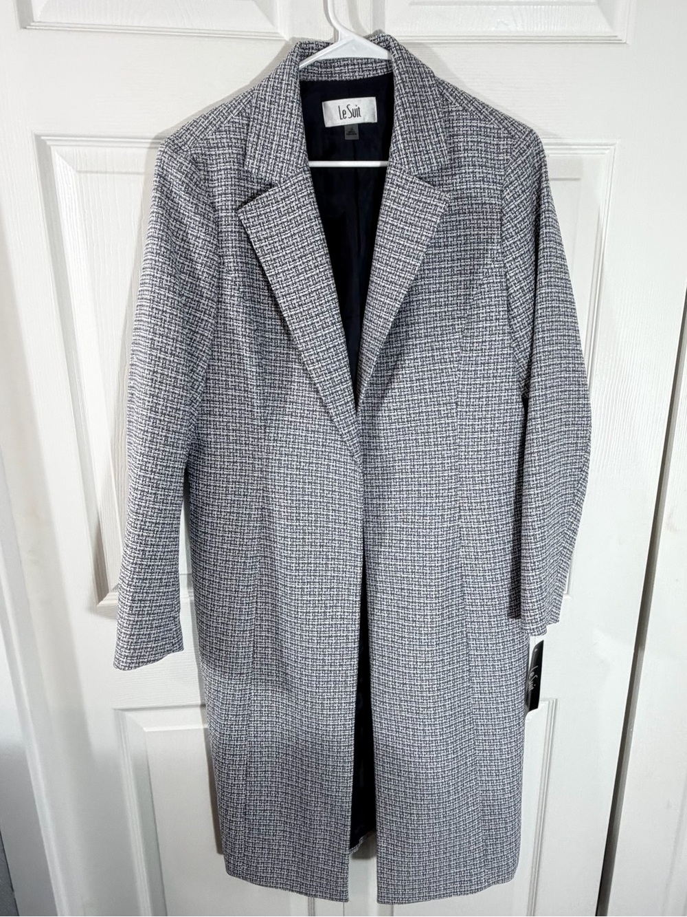 Le Suit Long Tailored Micro Check Coat  Blue and White Womens Size 14 Blazer nwt